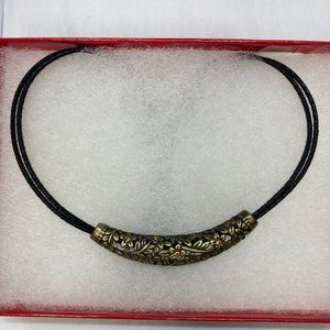 Black Leather Necklace Choker with Brass Deco Flowers and Tiny Yellow Gems.